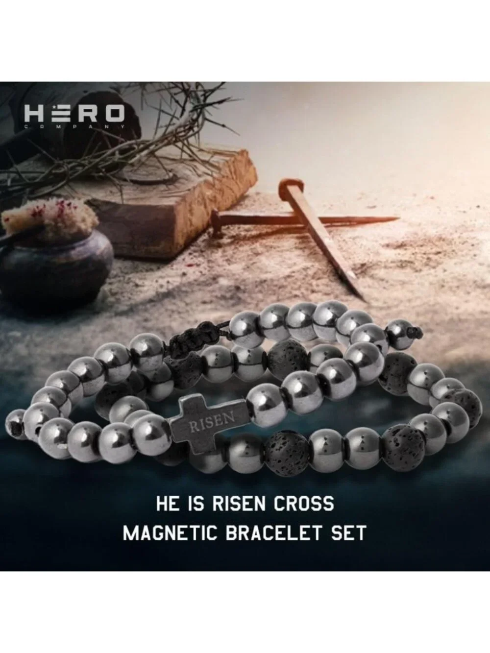 Magnetic Titanium Bead Bracelet Set for Men | 'He Is Risen' Religious Jewelry